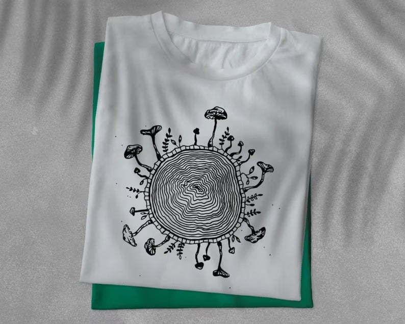 Mushroom Tree Ring Shirt, Magic Mushroom Nature Printed T Shirt, Botanical Plant Outdoor Camping Tee, Mushrooms Shrooms Forest Graphic Tops