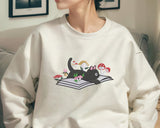 Embroidered Cat Sweatshirt, Cute Kitten On Books Embroider Jumper, Wild Mushrooms Design Embroidered Sweater, Books Reading Cat Lover Outfit