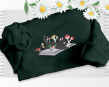 Embroidered Cat Sweatshirt, Cute Kitten On Books Embroider Jumper, Wild Mushrooms Design Embroidered Sweater, Books Reading Cat Lover Outfit