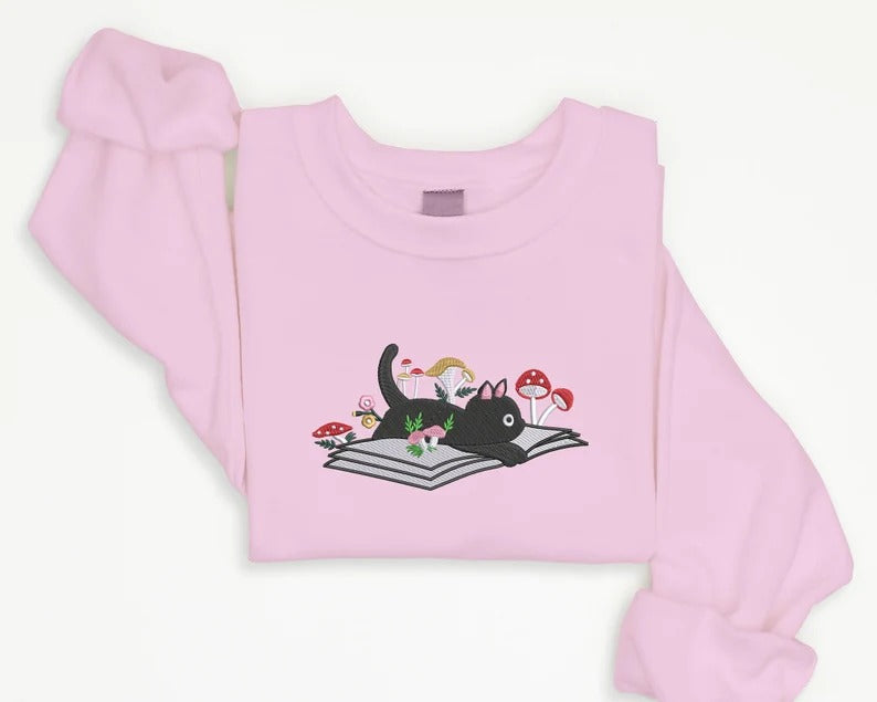 Embroidered Cat Sweatshirt, Cute Kitten On Books Embroider Jumper, Wild Mushrooms Design Embroidered Sweater, Books Reading Cat Lover Outfit