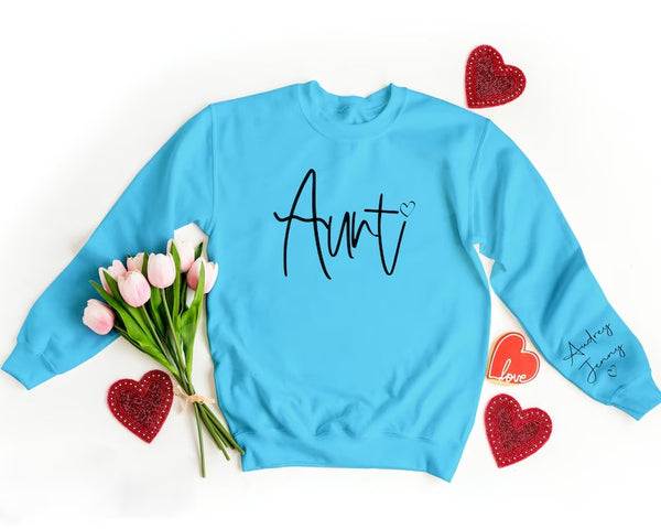 Aunt Sweatshirt, Personalised Names On Sleeve Crewneck Sweater, Beautiful Printed Heart Aunt Jumpers, Matching Outfit, Aunti Birthday Gifts