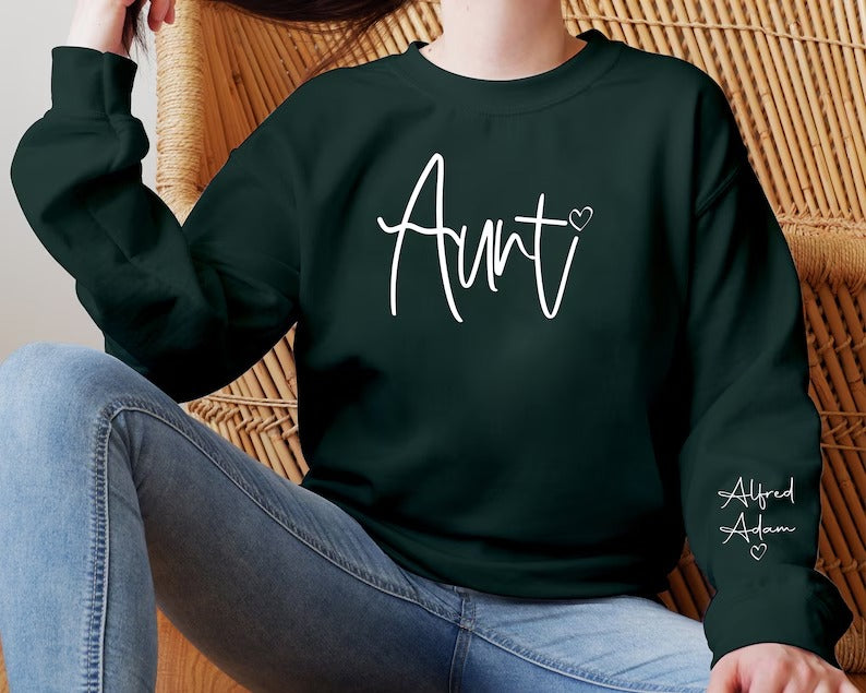 Aunt Sweatshirt, Personalised Names On Sleeve Crewneck Sweater, Beautiful Printed Heart Aunt Jumpers, Matching Outfit, Aunti Birthday Gifts