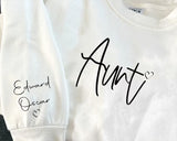 Aunt Sweatshirt, Personalised Names On Sleeve Crewneck Sweater, Beautiful Printed Heart Aunt Jumpers, Matching Outfit, Aunti Birthday Gifts