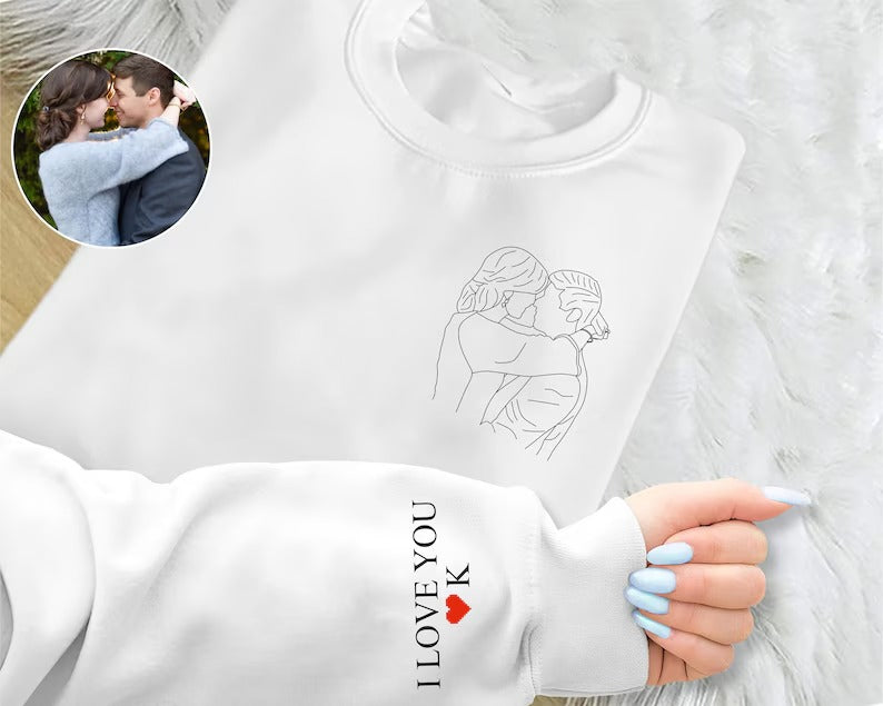 Matching Couple Sweatshirt, Custom Photo Portrait With Roman Numerals Sleeve Jumper, Sketch from Picture Memorial GF BF Valentine Day Outfit