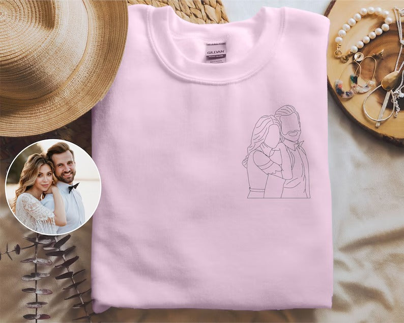 Matching Couple Sweatshirt, Custom Photo Portrait With Roman Numerals Sleeve Jumper, Sketch from Picture Memorial GF BF Valentine Day Outfit