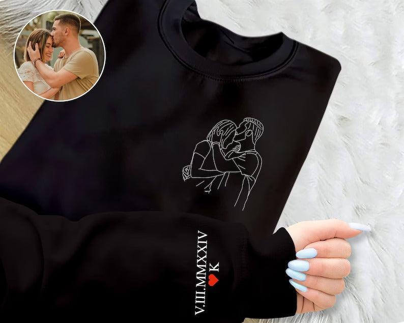 Matching Couple Sweatshirt, Custom Photo Portrait With Roman Numerals Sleeve Jumper, Sketch from Picture Memorial GF BF Valentine Day Outfit