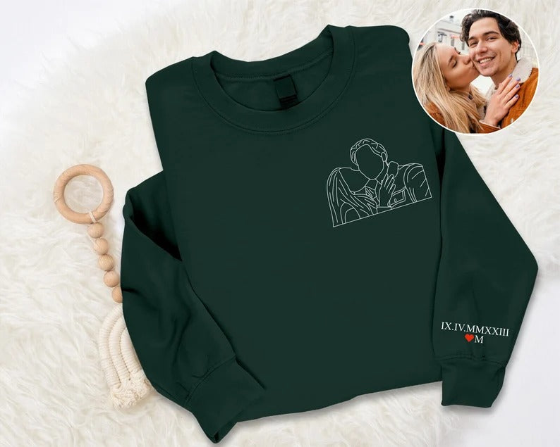 Matching Couple Sweatshirt, Custom Photo Portrait With Roman Numerals Sleeve Jumper, Sketch from Picture Memorial GF BF Valentine Day Outfit