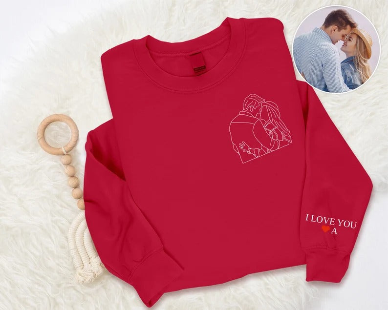 Matching Couple Sweatshirt, Custom Photo Portrait With Roman Numerals Sleeve Jumper, Sketch from Picture Memorial GF BF Valentine Day Outfit