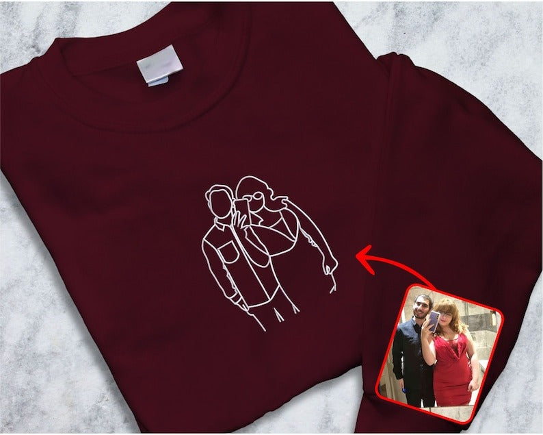 Outline Portrait from Photo Embroidered Sweatshirt, Line Art Sketch Couple Photo Trendy Wifey Jumper, 21st Birthday Anniversary Gift for Her