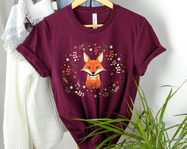 Red Fox Cottagecore Tshirt, Aesthetic Flower Printed Shirt, Vintage Fox Design Women Tshirt, Nature Wildlife Forestcore Animal Lover Tee Top