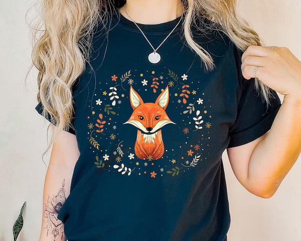 Red Fox Cottagecore Tshirt, Aesthetic Flower Printed Shirt, Vintage Fox Design Women Tshirt, Nature Wildlife Forestcore Animal Lover Tee Top