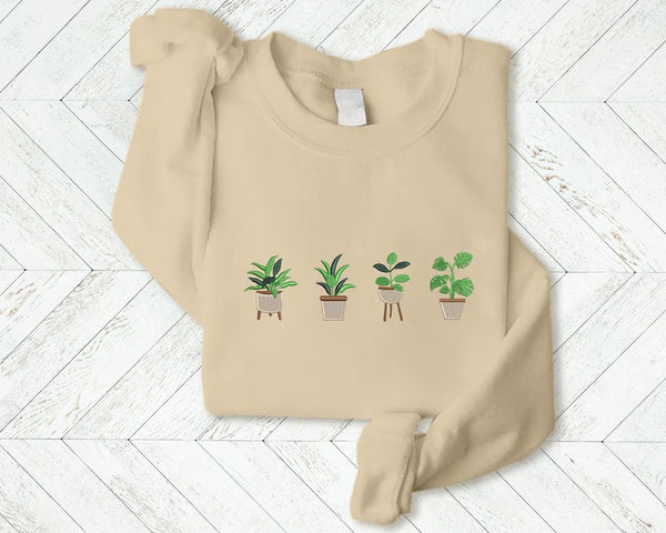 Embroidered Plant Sweatshirt, Green Plant Pots Aesthetic Nature Crewneck Jumper, Botanical Cottagecore Sweater Gardening Plants Lover Outfit