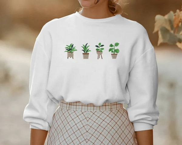 Embroidered Plant Sweatshirt, Green Plant Pots Aesthetic Nature Crewneck Jumper, Botanical Cottagecore Sweater Gardening Plants Lover Outfit