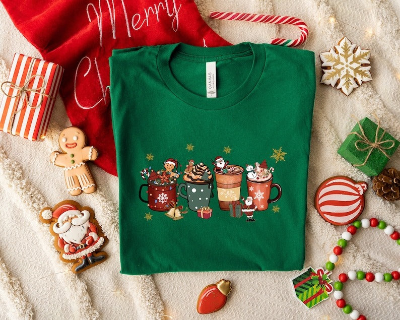 Christmas T Shirts, Christmas Coffee Gift Shirts, Cute Gingerbread XMAS Clothing, Festive XMAS Cool Cotton T Shirts, Merry Christmas Eve Top