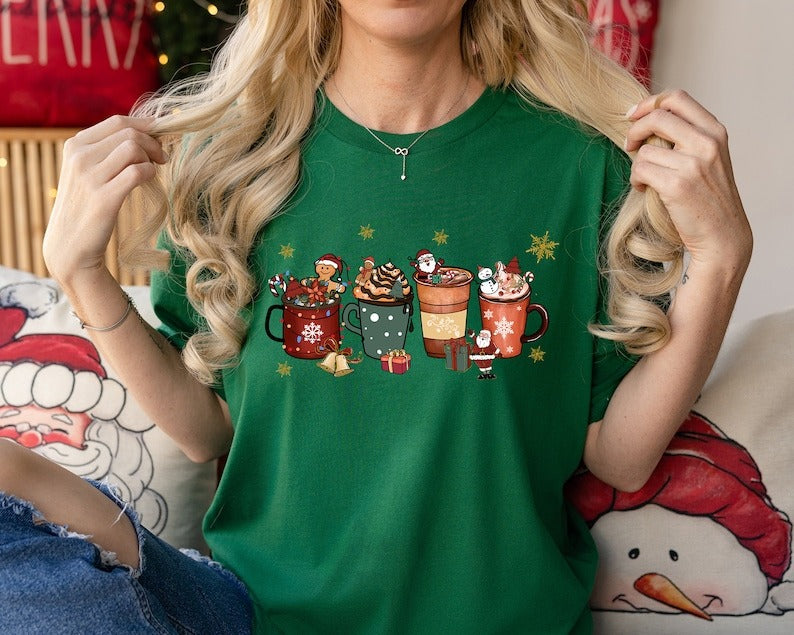 Christmas T Shirts, Christmas Coffee Gift Shirts, Cute Gingerbread XMAS Clothing, Festive XMAS Cool Cotton T Shirts, Merry Christmas Eve Top