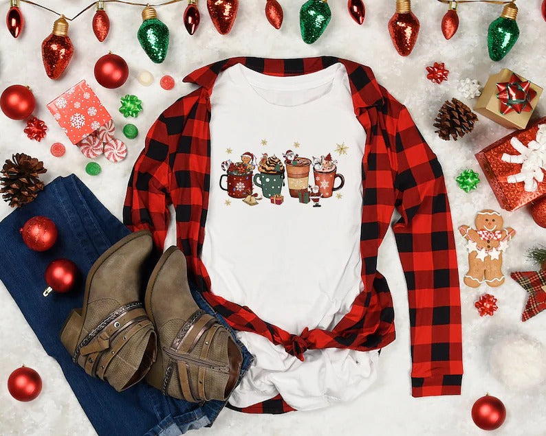 Christmas T Shirts, Christmas Coffee Gift Shirts, Cute Gingerbread XMAS Clothing, Festive XMAS Cool Cotton T Shirts, Merry Christmas Eve Top