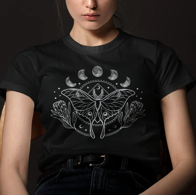 Aesthetic Celestial Moth Art T Shirt, Moon Phases Comfort Color Graphic Shirt, Butterfly Wildflower Art Printed Unisex Tee, Nature Lover Top