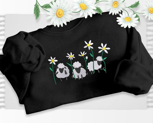 Embroidered Sheep Sweatshirt, Embroider Daisy Flower Minimalist Jumper, Farming Cute Sheep Cottagecore Crewneck Sweater, Animal Lover Gifts