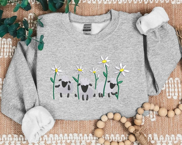 Embroidered Sheep Sweatshirt, Embroider Daisy Flower Minimalist Jumper, Farming Cute Sheep Cottagecore Crewneck Sweater, Animal Lover Gifts