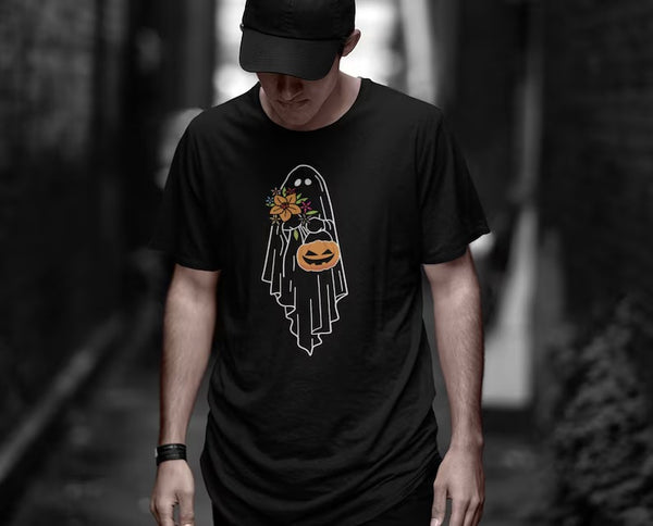 Halloween Ghost Pumpkin T Shirt, Floral Ghost Halloween Party Graphic Shirt, Adult Unisex Autumn Fall Shirt, Halloween Gifts