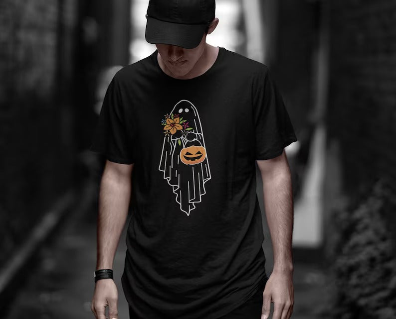 Halloween Ghost Pumpkin T Shirt, Floral Ghost Halloween Party Graphic Shirt, Adult Unisex Autumn Fall Shirt, Halloween Gifts