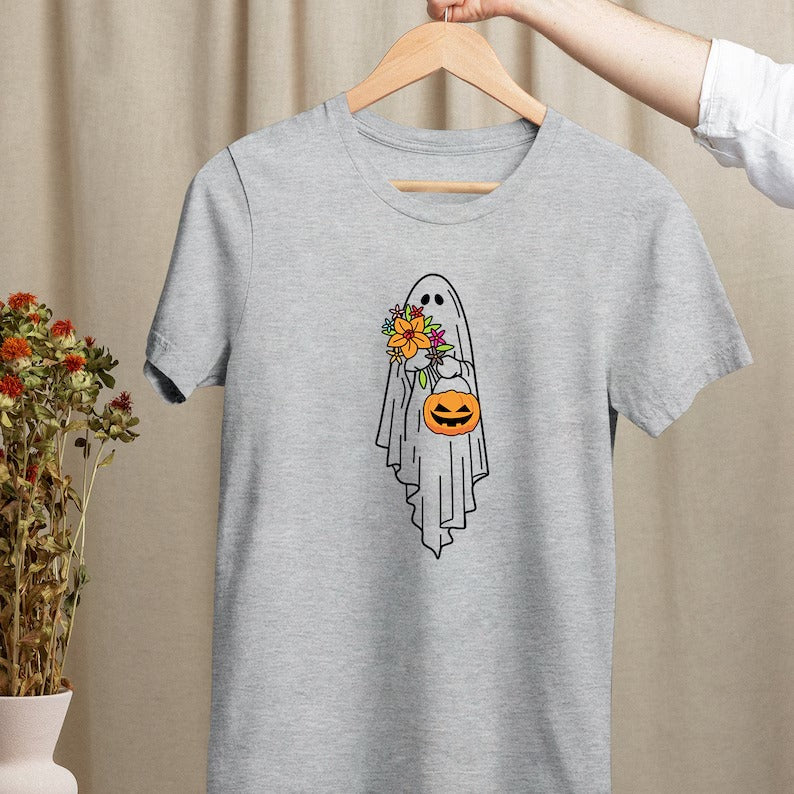 Halloween Ghost Pumpkin T Shirt, Floral Ghost Halloween Party Graphic Shirt, Adult Unisex Autumn Fall Shirt, Halloween Gifts