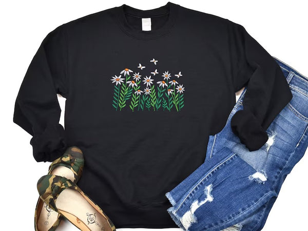 Embroidered Floral Butterfly Sweatshirt, Daisy Flowers Minimalist Crewneck Jumper, Daisies and Butterfly Unisex Sweaters, Flower Lover Gifts