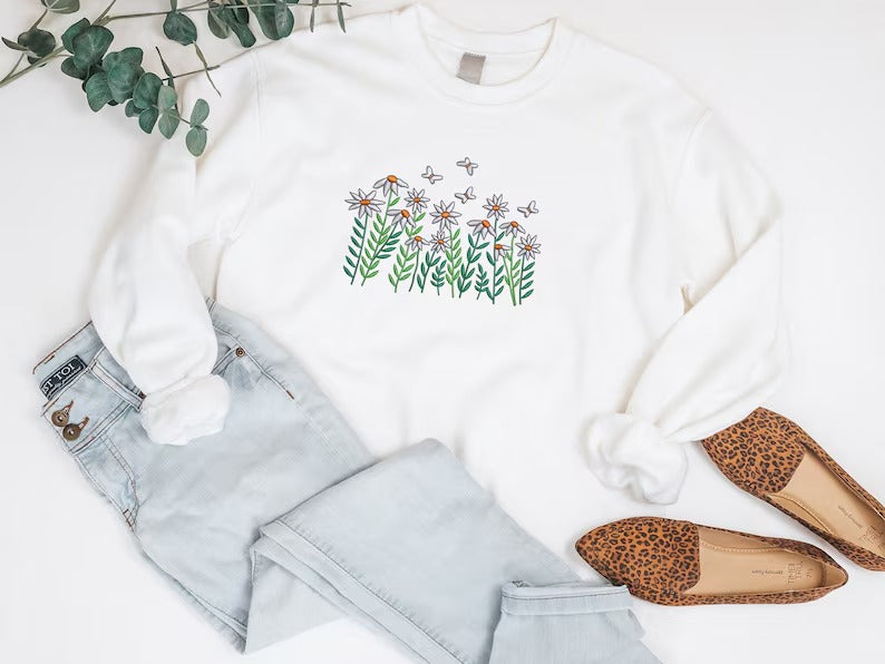 Embroidered Floral Butterfly Sweatshirt, Daisy Flowers Minimalist Crewneck Jumper, Daisies and Butterfly Unisex Sweaters, Flower Lover Gifts