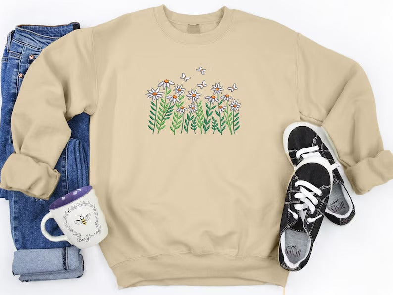 Embroidered Floral Butterfly Sweatshirt, Daisy Flowers Minimalist Crewneck Jumper, Daisies and Butterfly Unisex Sweaters, Flower Lover Gifts