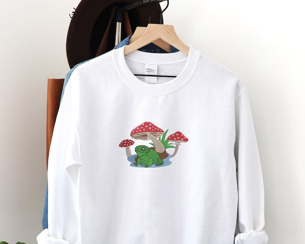 Forest Mushroom Frog Sweatshirt, Embroider Fungi Toad Design Cottagecore Sweater, Unisex XS-4XL Sizes Crewneck Jumper, Nature Lover Gifts