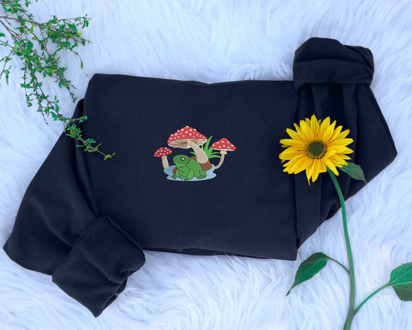 Forest Mushroom Frog Sweatshirt, Embroider Fungi Toad Design Cottagecore Sweater, Unisex XS-4XL Sizes Crewneck Jumper, Nature Lover Gifts