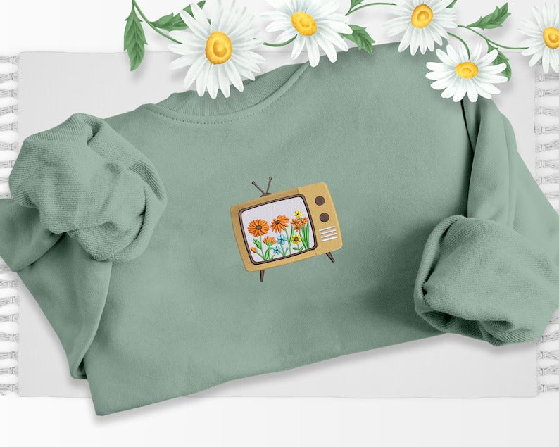 Embroidered TV Hawaii Flowers Sweatshirt, Beautiful Floral TV Design Embroidery, Crewneck Sweater, Unisex Pullover Jumper, XS-4XL Sizes