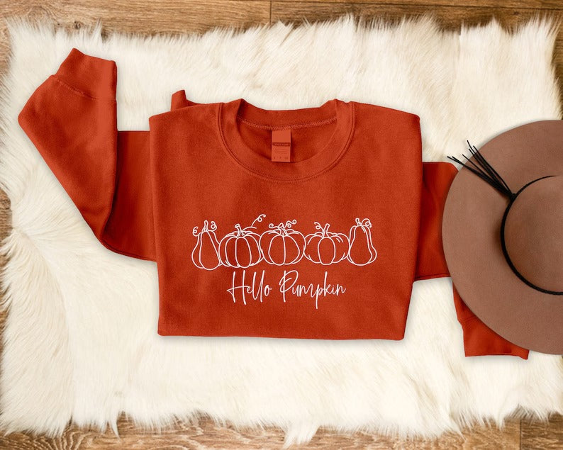 Halloween Pumpkins Sweatshirt, Hello Pumpkin Halloween Matching Fall Sweater, Comfort Color Unisex Adult Outfit, Printed Tops