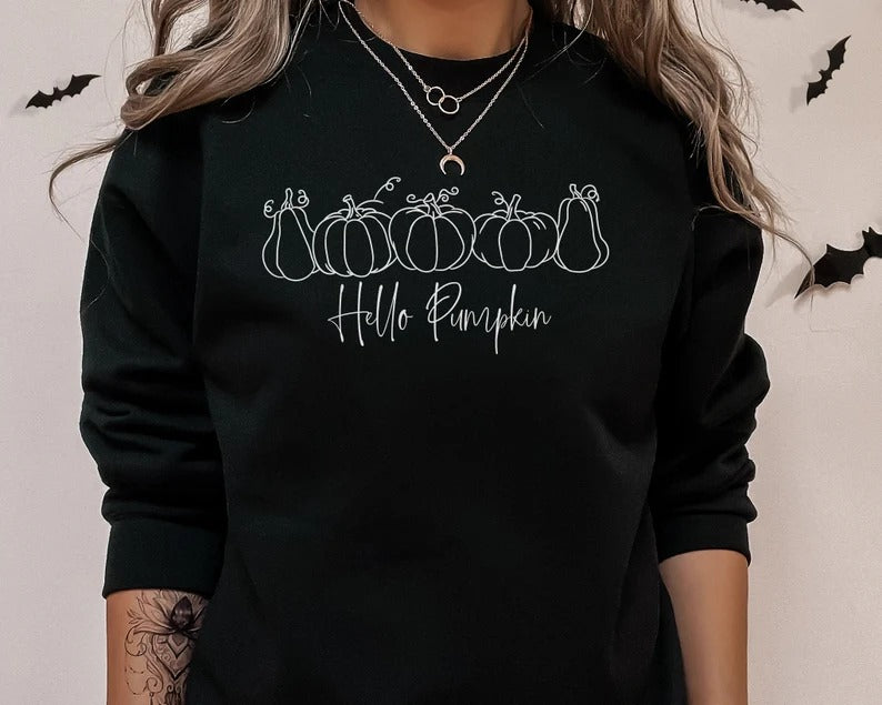 Halloween Pumpkins Sweatshirt, Hello Pumpkin Halloween Matching Fall Sweater, Comfort Color Unisex Adult Outfit, Printed Tops