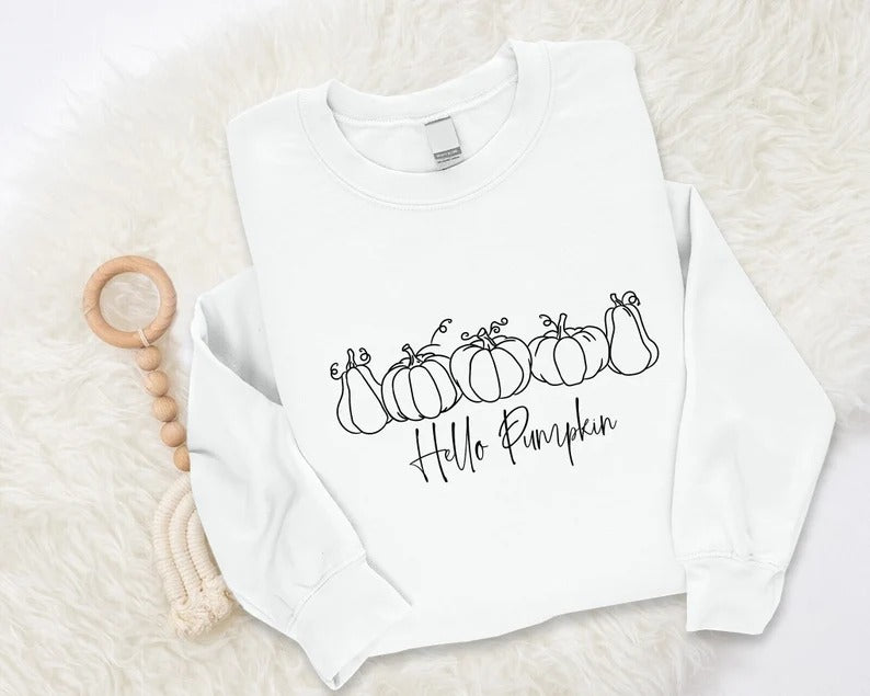 Halloween Pumpkins Sweatshirt, Hello Pumpkin Halloween Matching Fall Sweater, Comfort Color Unisex Adult Outfit, Printed Tops