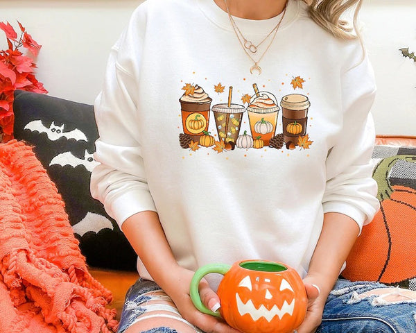 Vintage Fall Sweater, Halloween Pumpkin Sweatshirt, Retro Autumn Coffee Crewneck Jumper, Halloween Season Outfit Collections