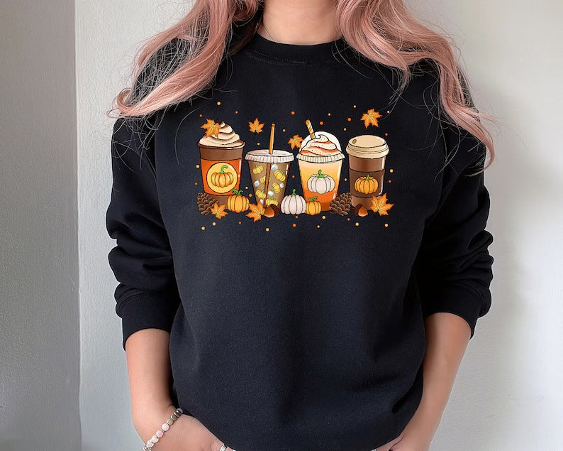 Vintage Fall Sweater, Halloween Pumpkin Sweatshirt, Retro Autumn Coffee Crewneck Jumper, Halloween Season Outfit Collections