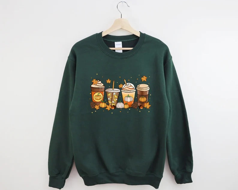 Vintage Fall Sweater, Halloween Pumpkin Sweatshirt, Retro Autumn Coffee Crewneck Jumper, Halloween Season Outfit Collections