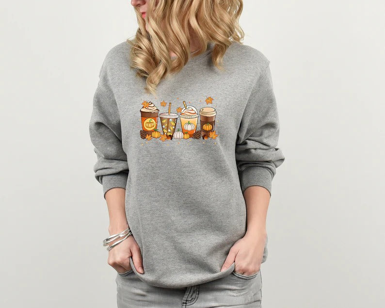 Vintage Fall Sweater, Halloween Pumpkin Sweatshirt, Retro Autumn Coffee Crewneck Jumper, Halloween Season Outfit Collections