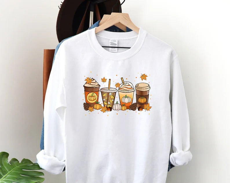 Vintage Fall Sweater, Halloween Pumpkin Sweatshirt, Retro Autumn Coffee Crewneck Jumper, Halloween Season Outfit Collections