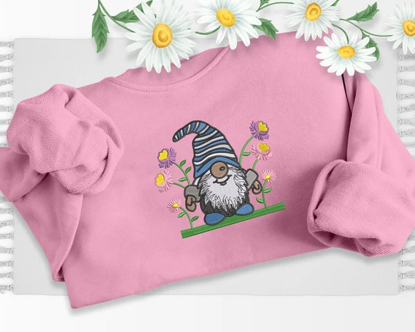 Gnome Sweatshirt, Embroidered Garden Gnome Design Crewneck Sweater, Beautiful Floral Jumper, Comfy Pullover Sweater, Cottagecore Clothing