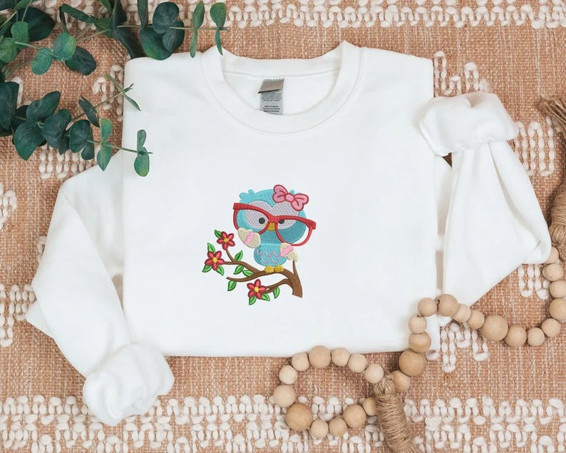 Embroidered Cute Owl Sweatshirt, Jungle Owl With Glasses Crewneck Sweater, Cute Woodland Baby Bird Flowers Embroidery Jumper, Birthday Gift