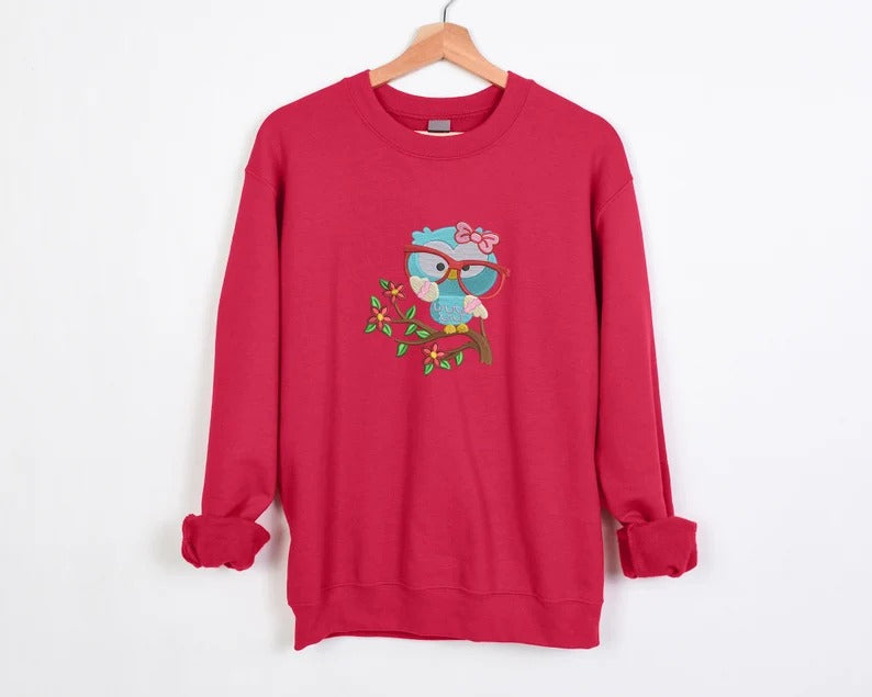 Embroidered Cute Owl Sweatshirt, Jungle Owl With Glasses Crewneck Sweater, Cute Woodland Baby Bird Flowers Embroidery Jumper, Birthday Gift