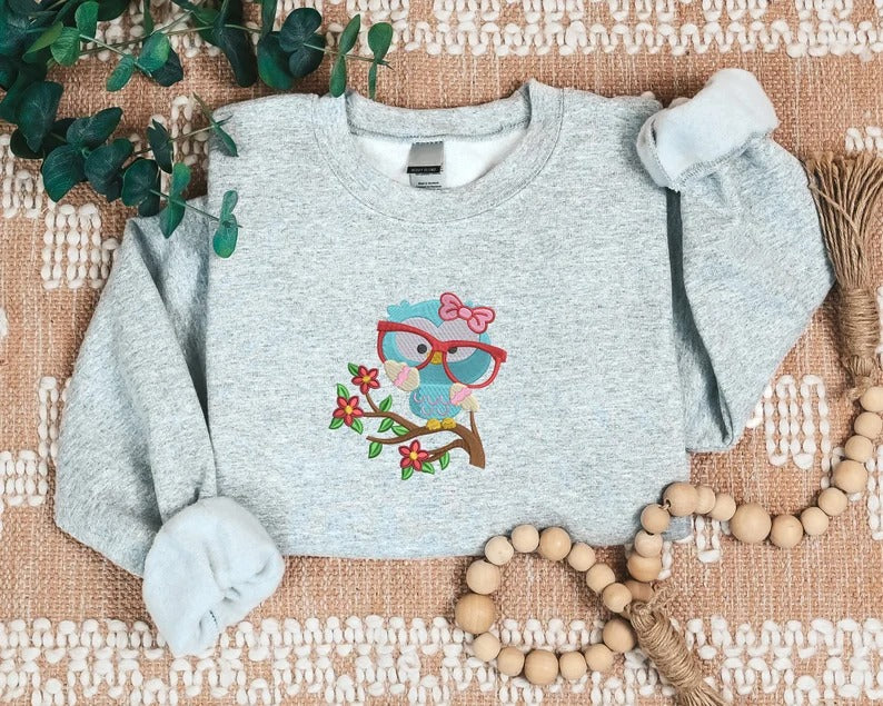 Embroidered Cute Owl Sweatshirt, Jungle Owl With Glasses Crewneck Sweater, Cute Woodland Baby Bird Flowers Embroidery Jumper, Birthday Gift