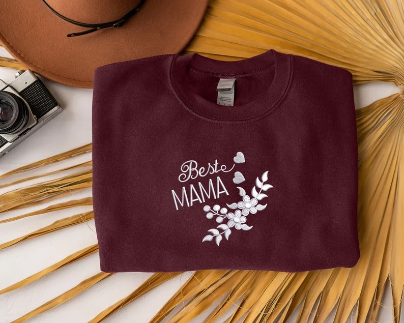 Best Mama Sweatshirt, Embroidered Flowers And Heart Crewneck Sweater, Beautiful Floral Embroidery Jumper, Mothers Day Memorial Gift For Mom