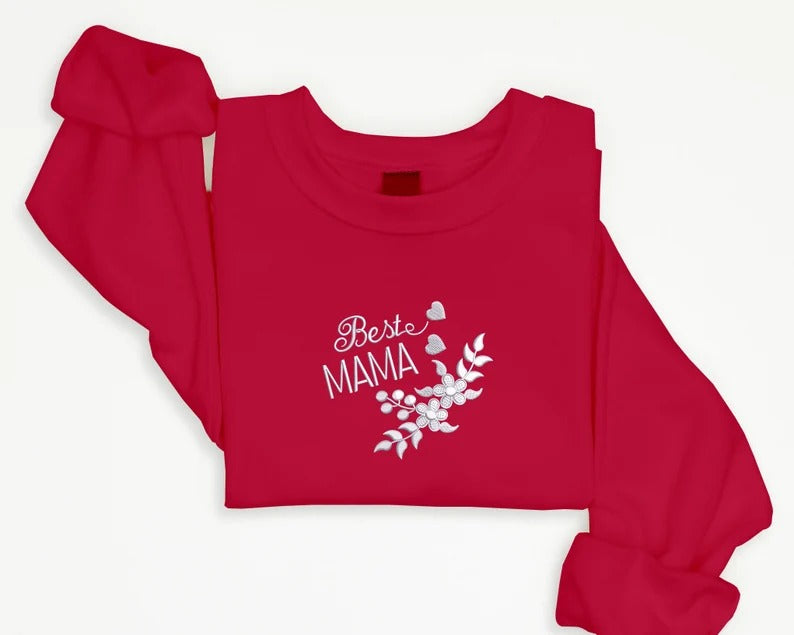 Best Mama Sweatshirt, Embroidered Flowers And Heart Crewneck Sweater, Beautiful Floral Embroidery Jumper, Mothers Day Memorial Gift For Mom