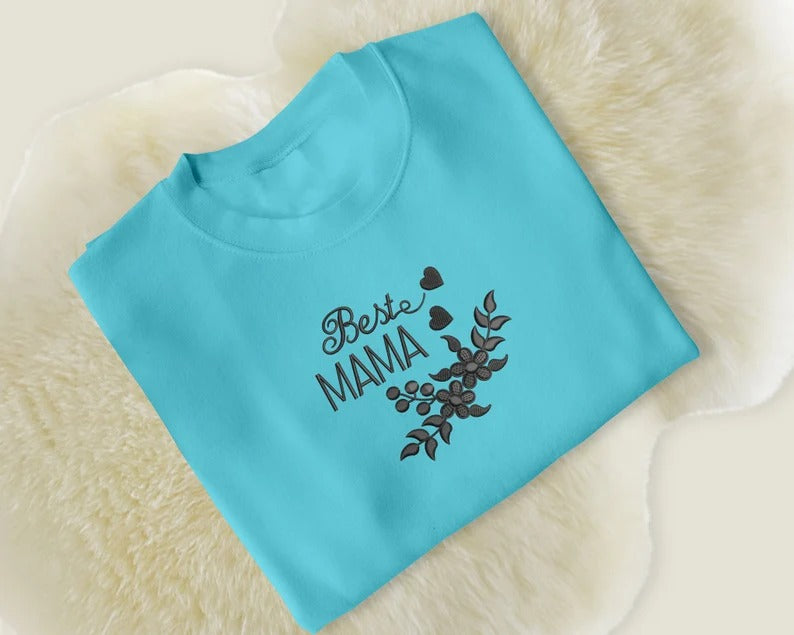 Best Mama Sweatshirt, Embroidered Flowers And Heart Crewneck Sweater, Beautiful Floral Embroidery Jumper, Mothers Day Memorial Gift For Mom