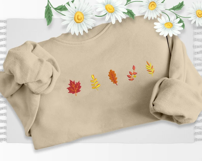 Fall Sweatshirt, Autumn Maple Leaf Embroidered Sweater, Vintage Autumn Fall Dry Leaves Unisex Jumper, Halloween Thanksgiving Matching Gifts