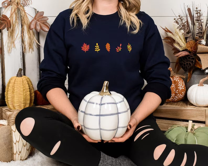 Fall Sweatshirt, Autumn Maple Leaf Embroidered Sweater, Vintage Autumn Fall Dry Leaves Unisex Jumper, Halloween Thanksgiving Matching Gifts