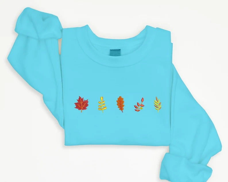 Fall Sweatshirt, Autumn Maple Leaf Embroidered Sweater, Vintage Autumn Fall Dry Leaves Unisex Jumper, Halloween Thanksgiving Matching Gifts